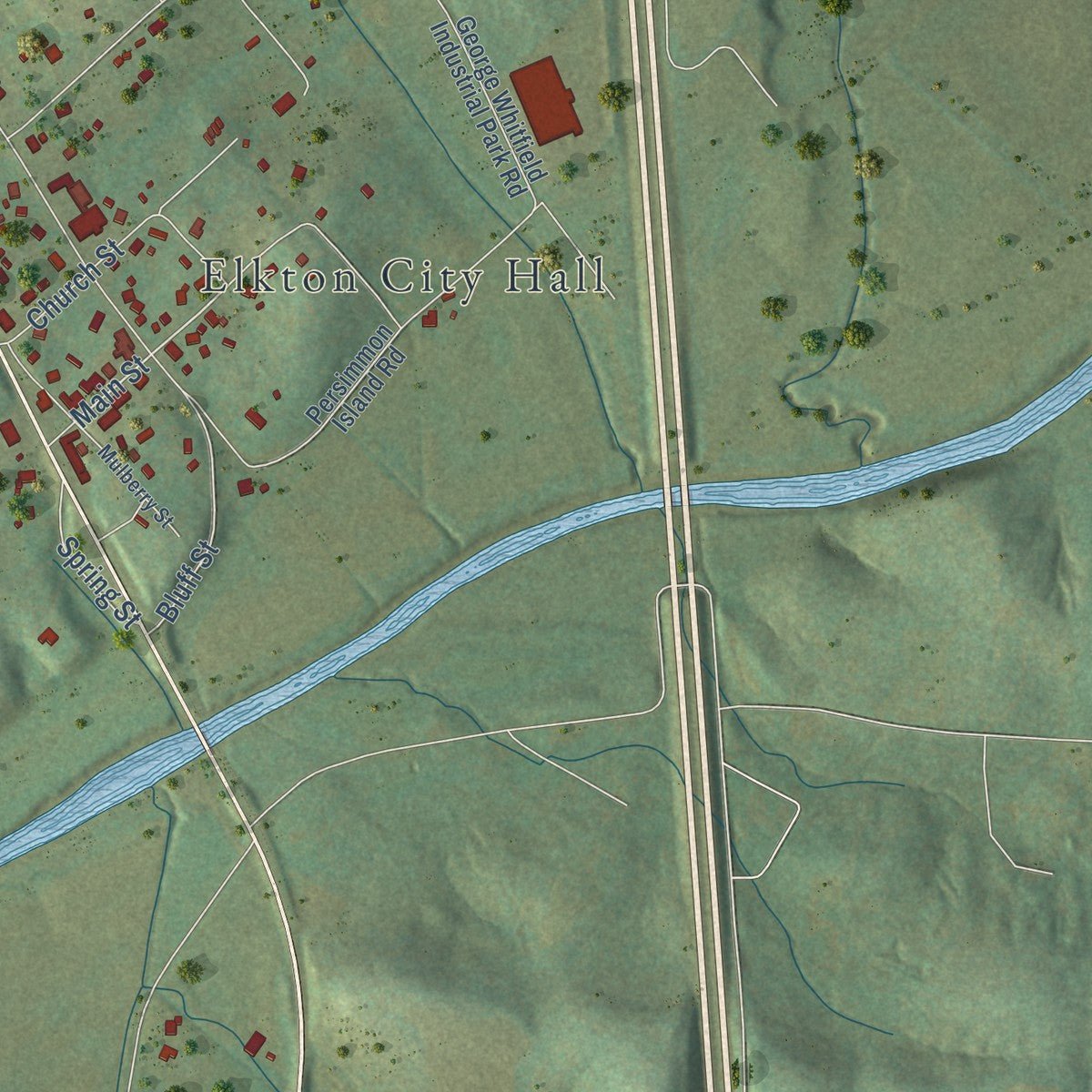 Close-up of the map of Elkton, Tennessee print showing street and building detail