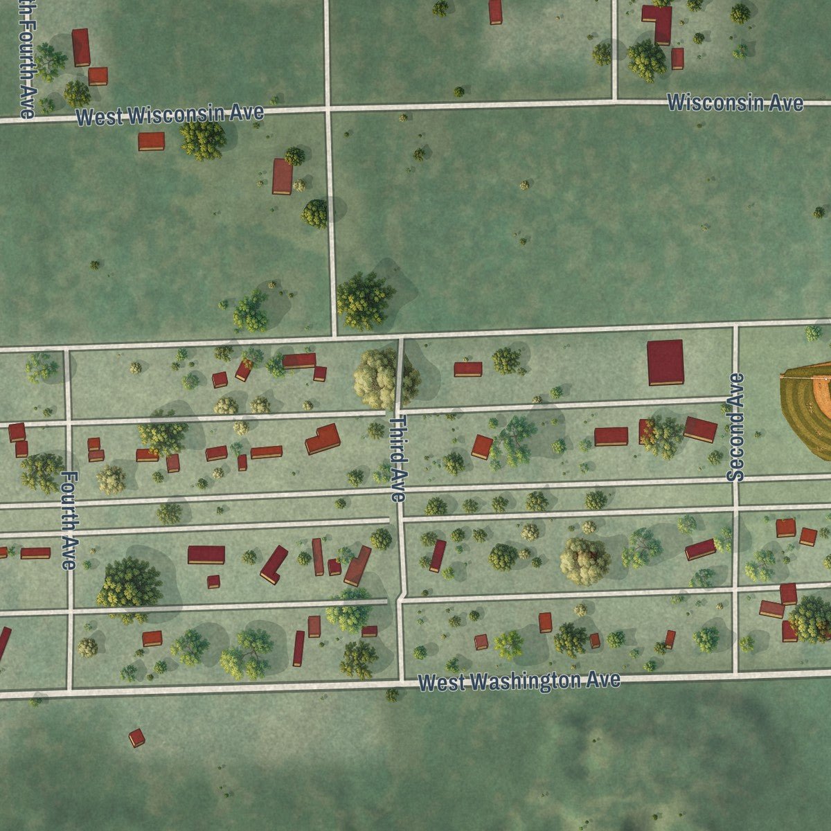 Close-up of the map of Lohrville, Wisconsin print showing street and building detail