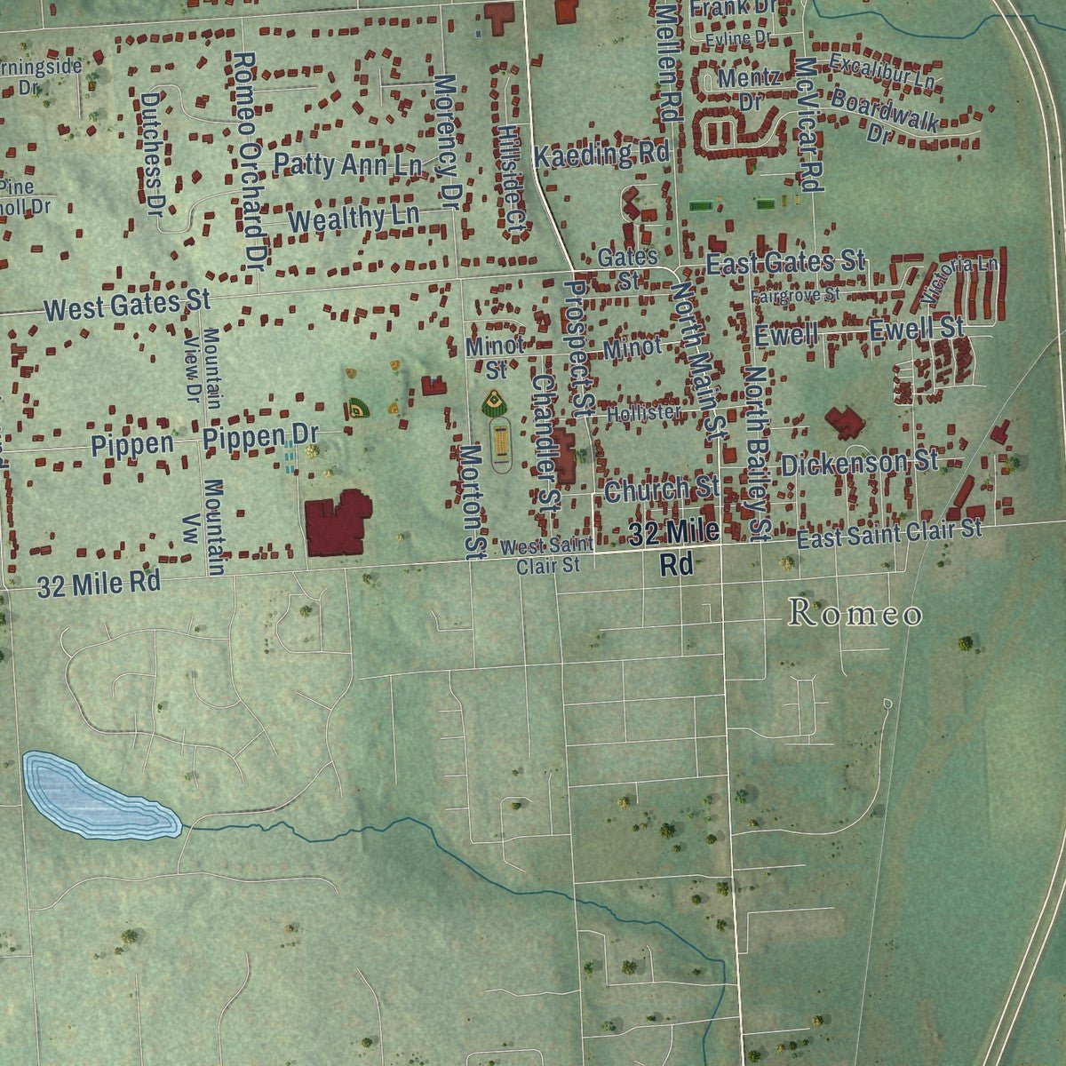 Close-up of the map of Bruce, Macomb County, Michigan print showing street and building detail