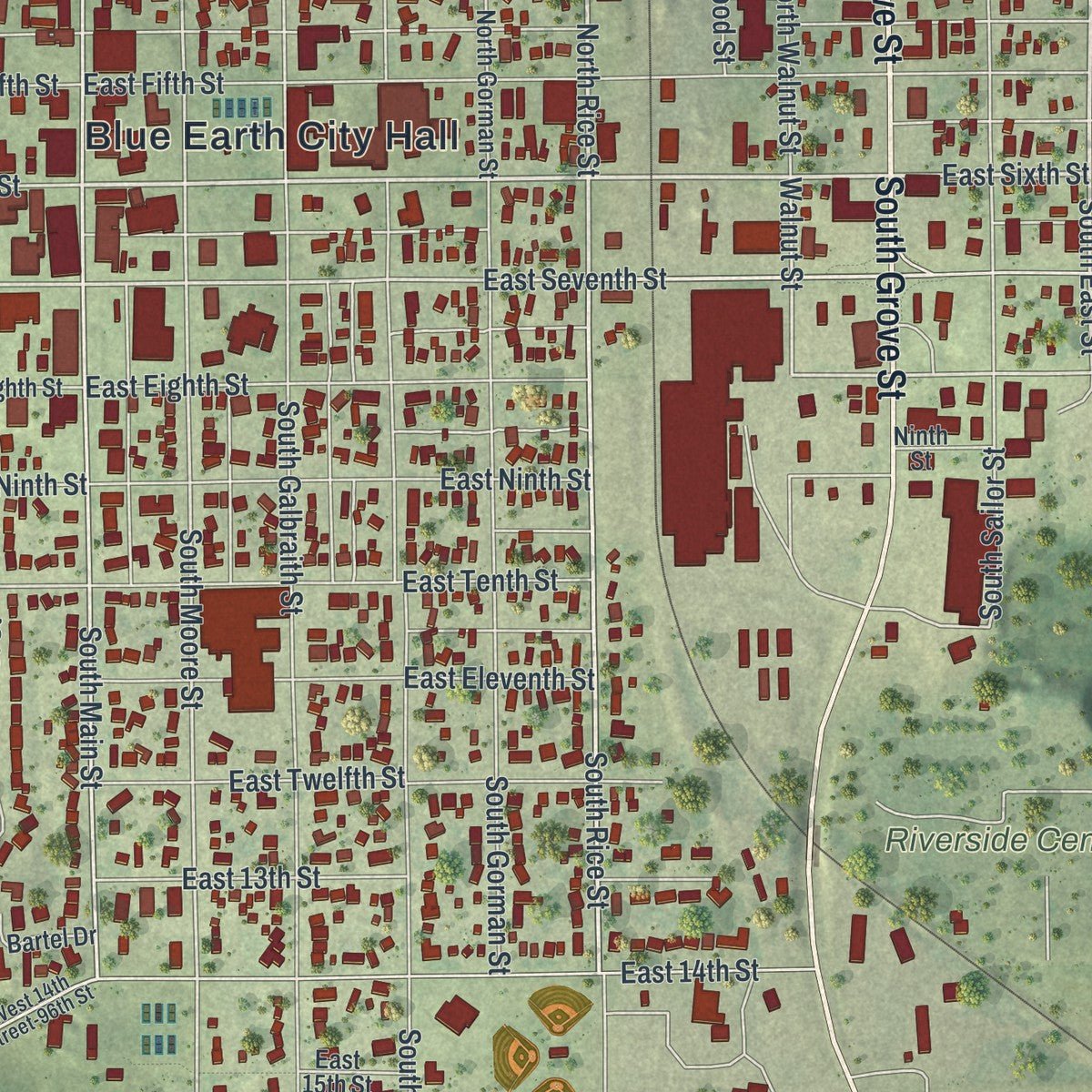 Close-up of the map of Blue Earth, Minnesota print showing street and building detail
