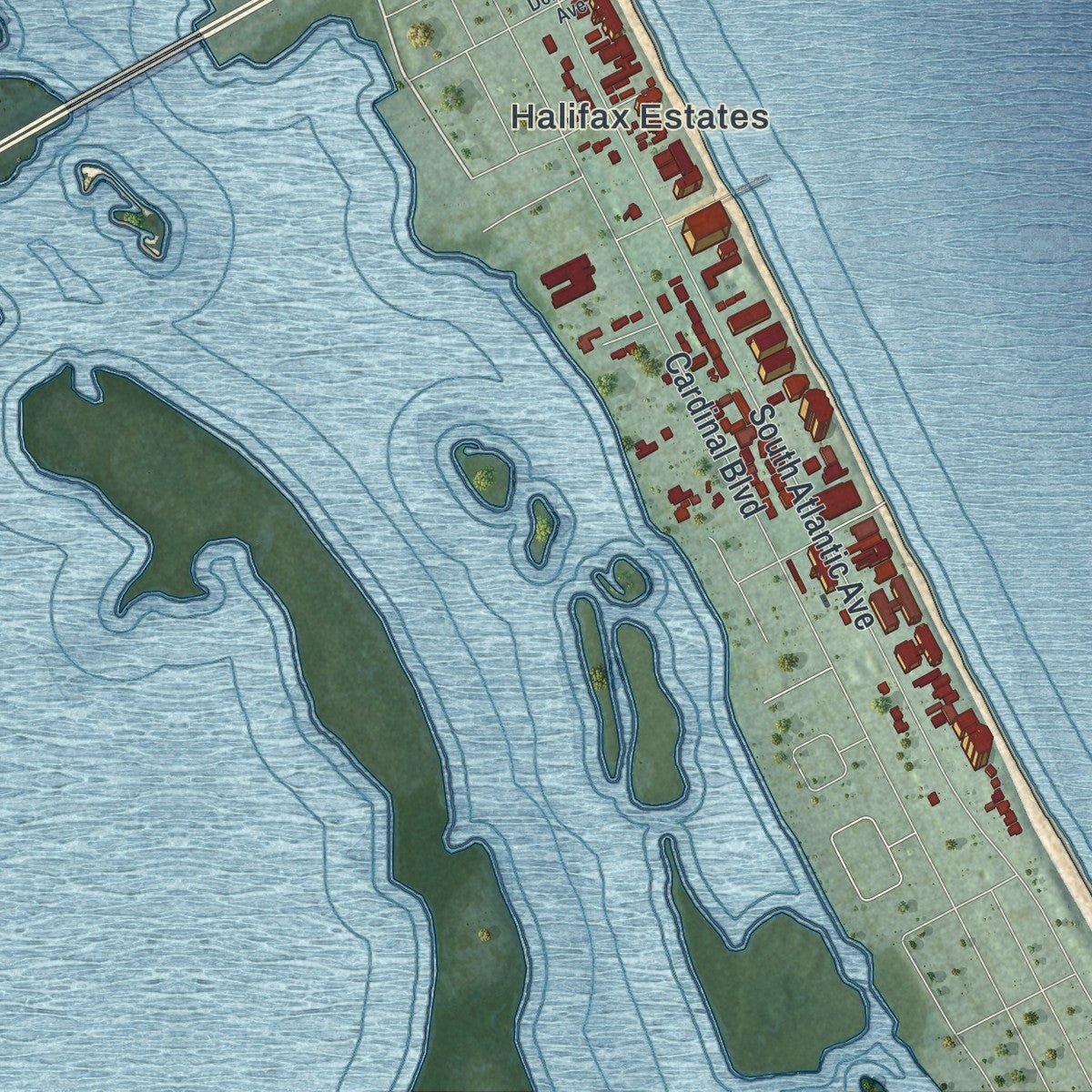 Close-up of the map of Daytona Beach Shores, Florida print showing street and building detail