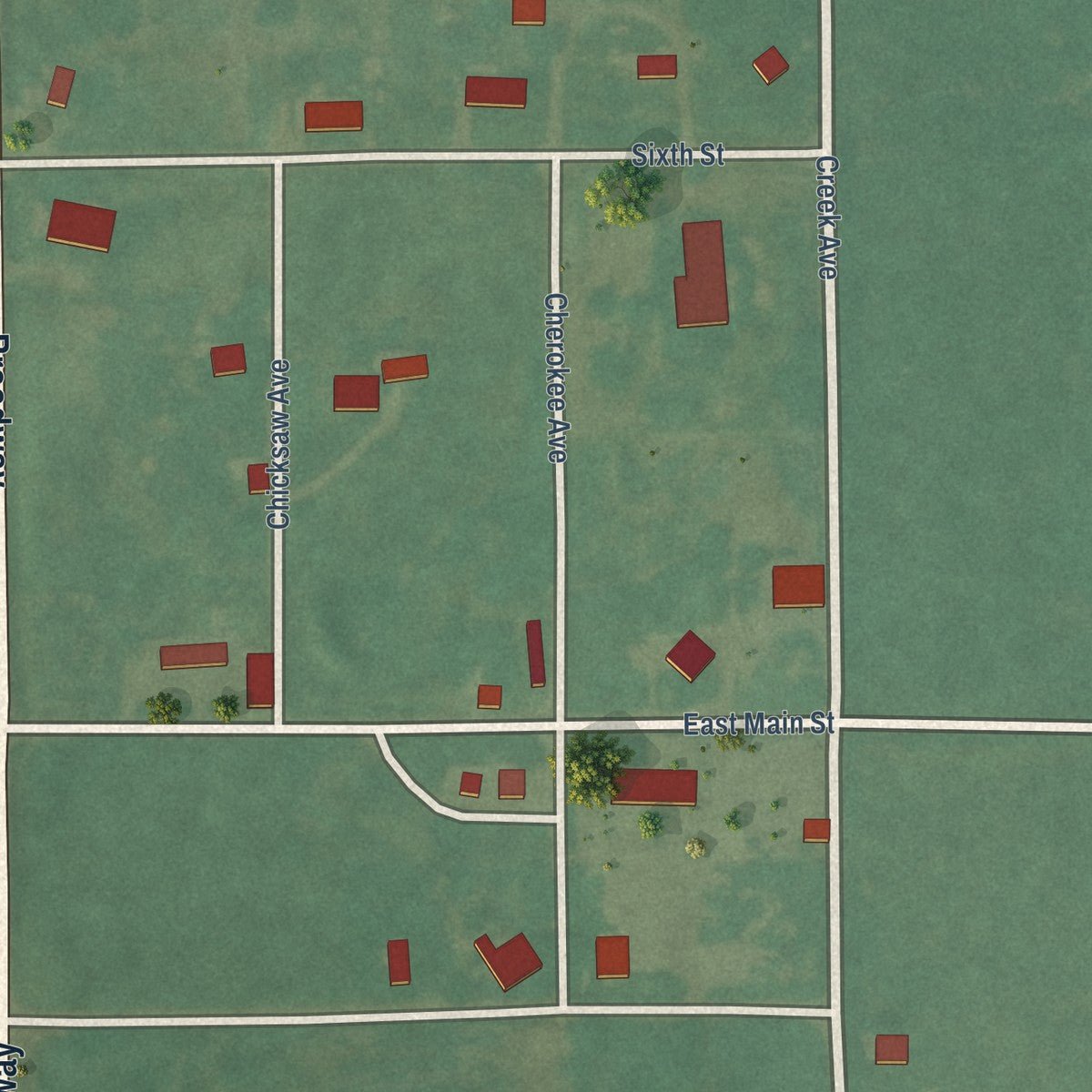 Close-up of the map of Grainola, Oklahoma print showing street and building detail