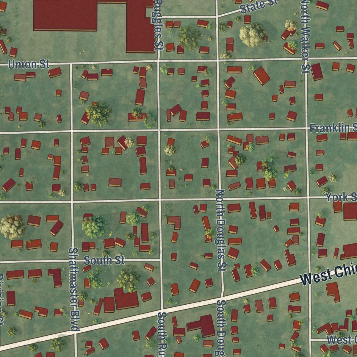 Close-up of the map of Bronson, Michigan print showing street and building detail