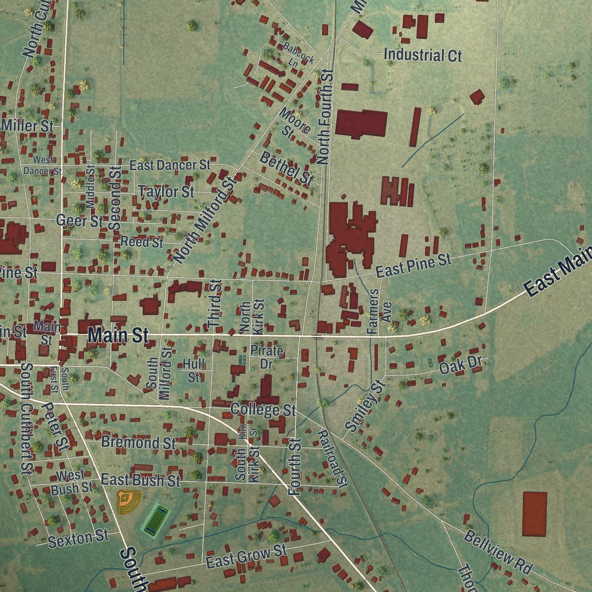 Close-up of the map of Colquitt, Georgia print showing street and building detail
