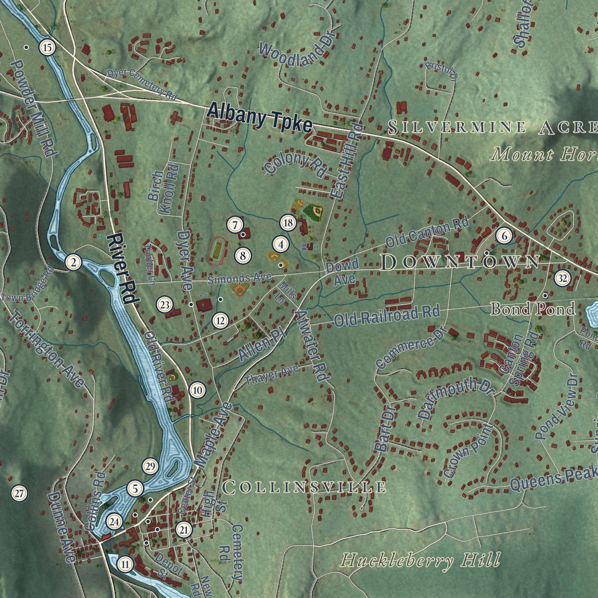 Close-up of the map of Canton, Connecticut print showing street and building detail