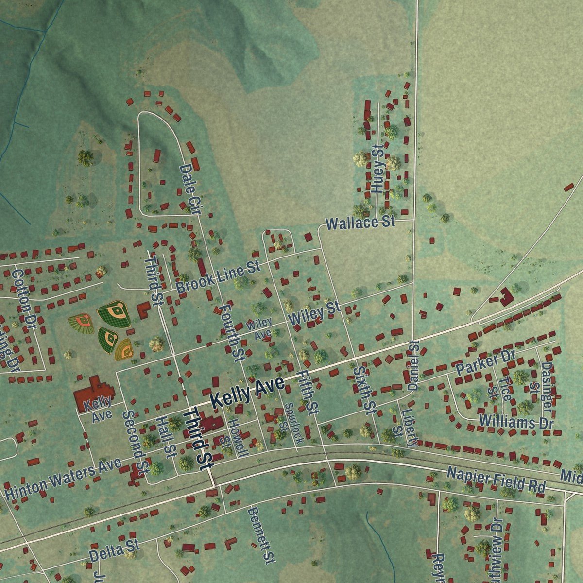 Close-up of the map of Midland City, Alabama print showing street and building detail