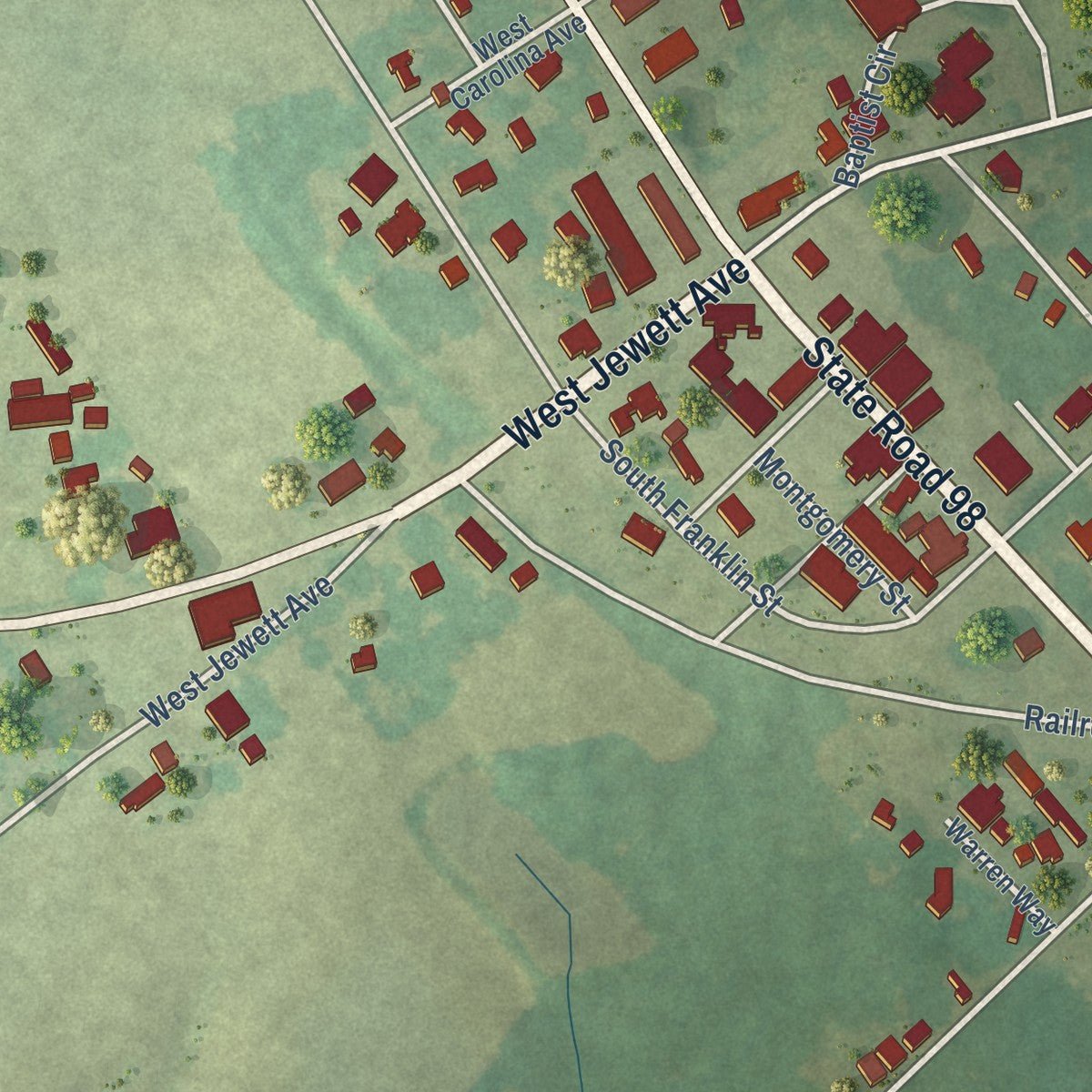 Close-up of the map of Bunn, North Carolina print showing street and building detail