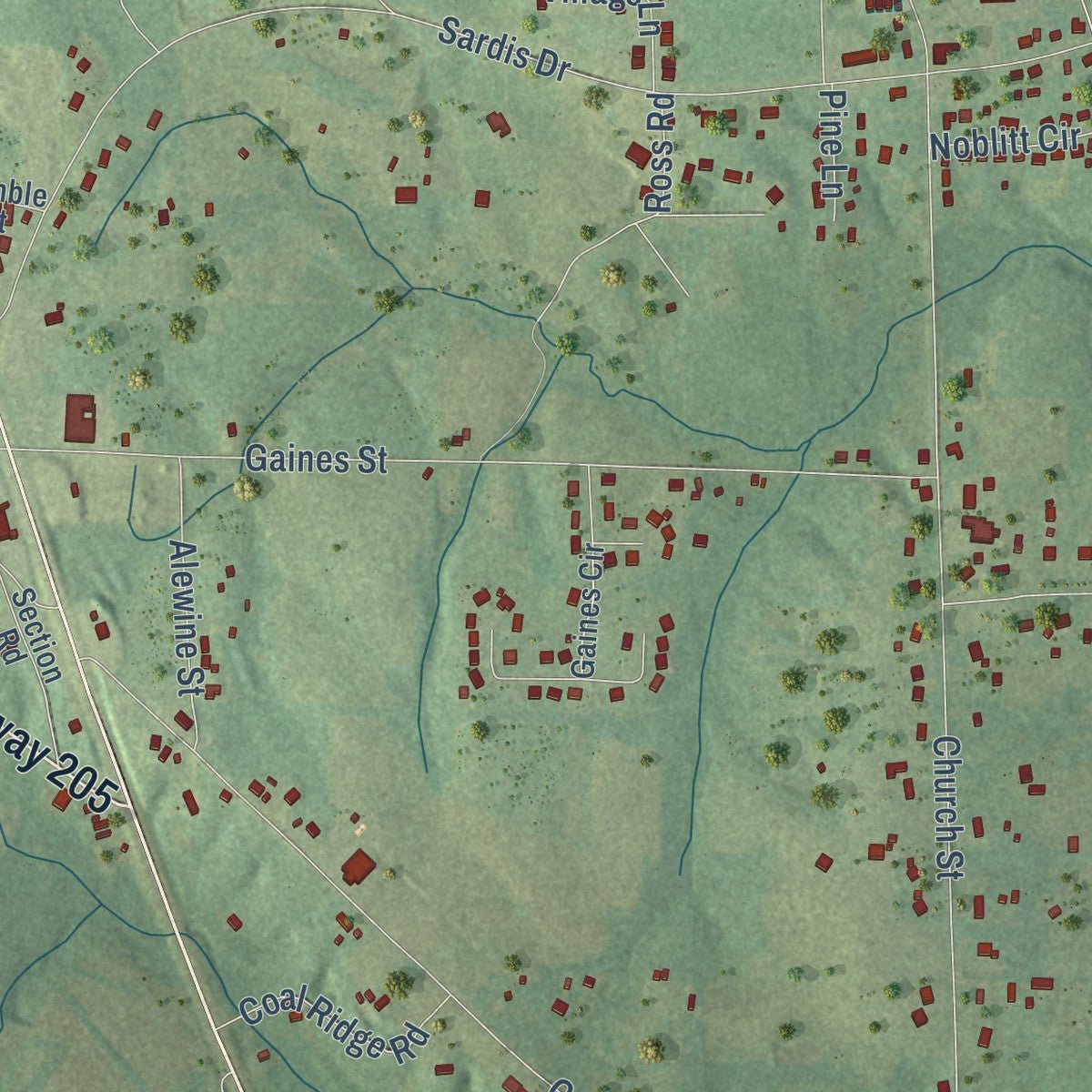Close-up of the map of Sardis City, Alabama print showing street and building detail