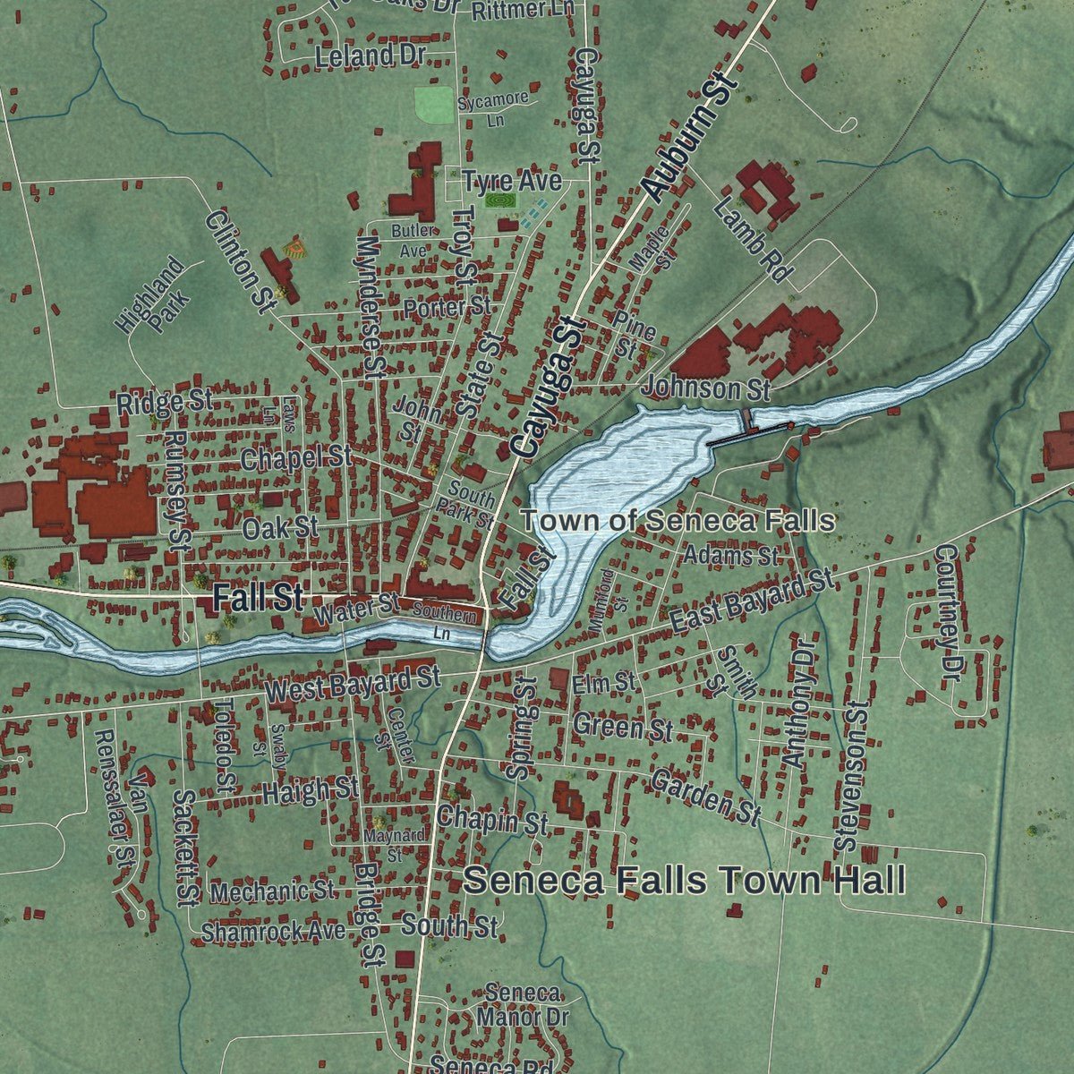 Close-up of the map of Seneca Falls, New York print showing street and building detail
