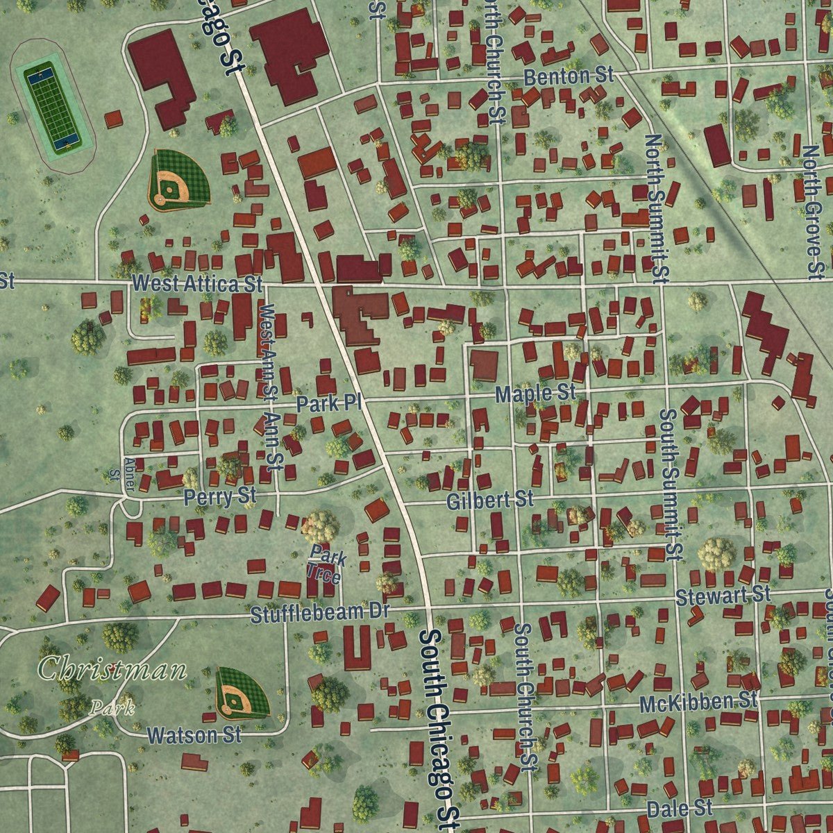Close-up of the map of Rossville, Illinois print showing street and building detail