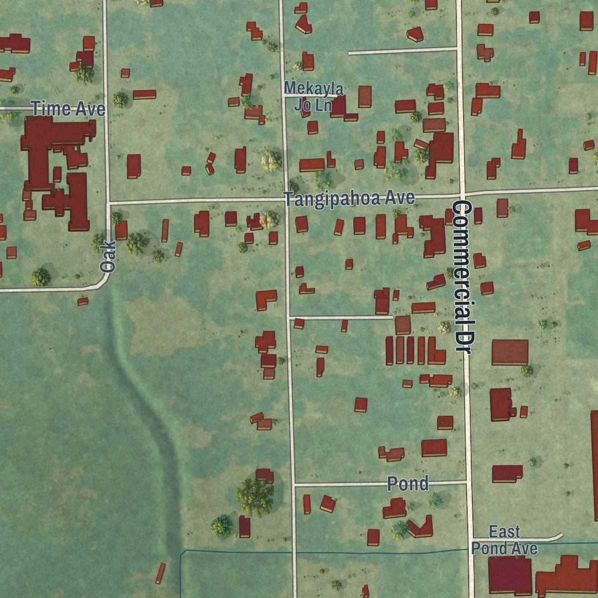 Close-up of the map of Roseland, Louisiana print showing street and building detail