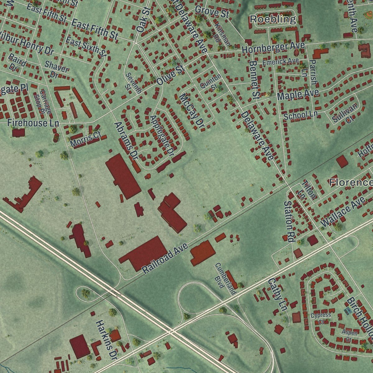 Close-up of the map of Florence, New Jersey print showing street and building detail