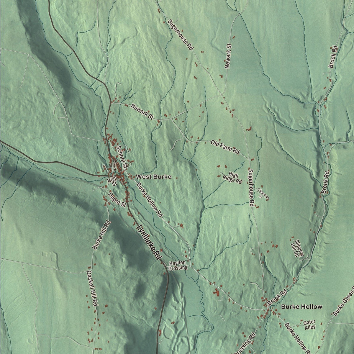 Close-up of the map of Burke, Vermont print showing streets and neighborhoods