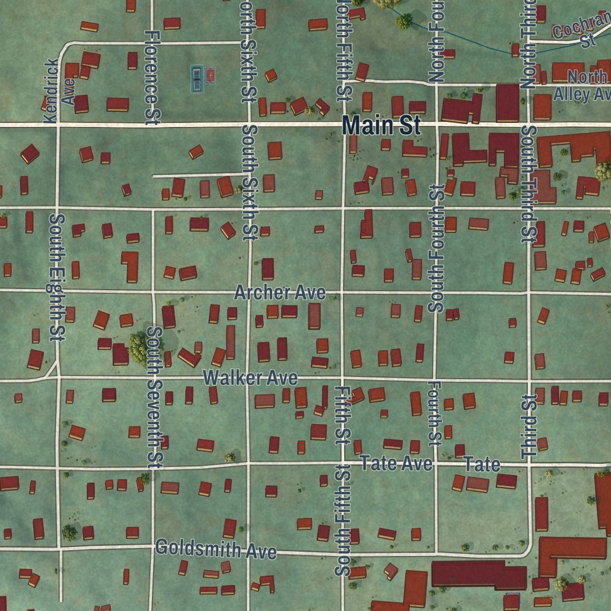 Close-up of the map of Mammoth Spring, Arkansas print showing street and building detail
