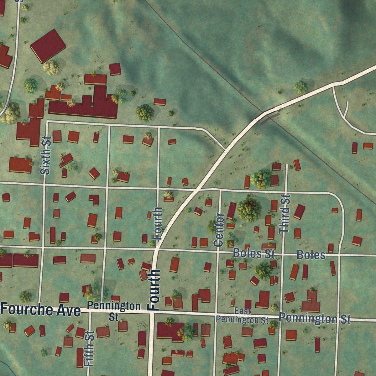 Close-up of the map of Ola, Arkansas print showing street and building detail
