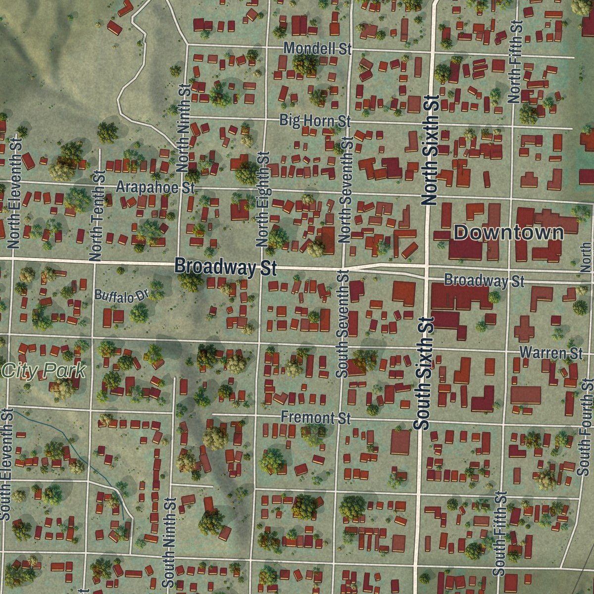 Close-up of the map of Thermopolis, Wyoming print showing street and building detail