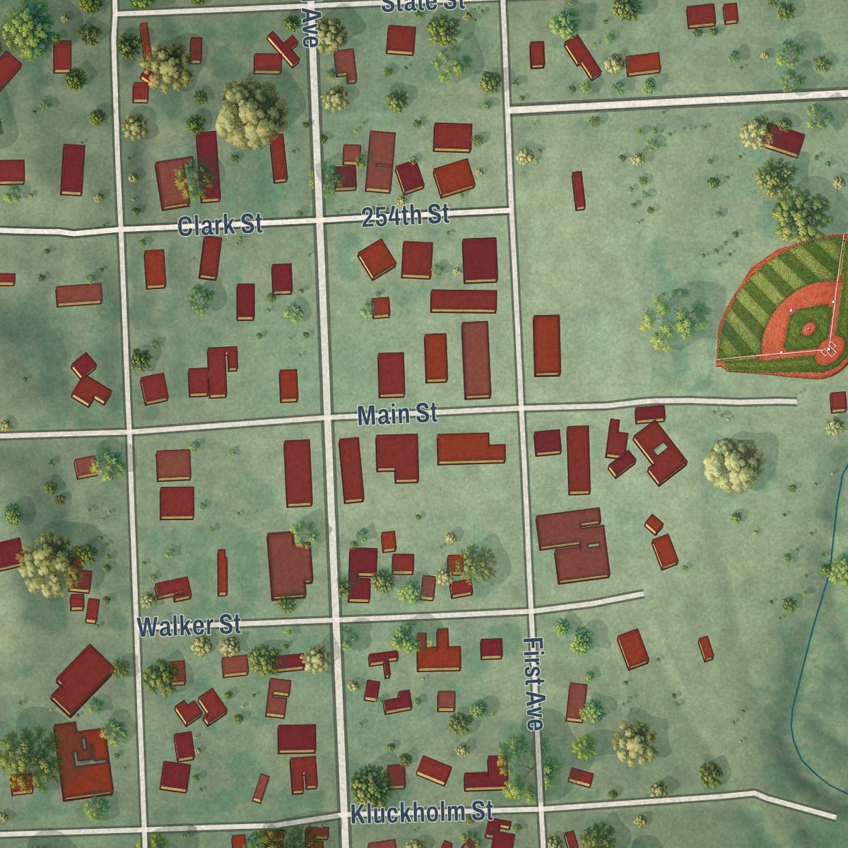 Close-up of the map of Montrose, South Dakota print showing street and building detail