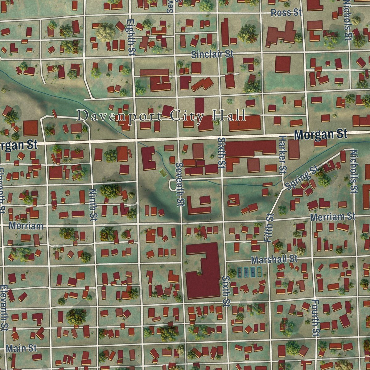 Close-up of the map of Davenport, Washington print showing street and building detail