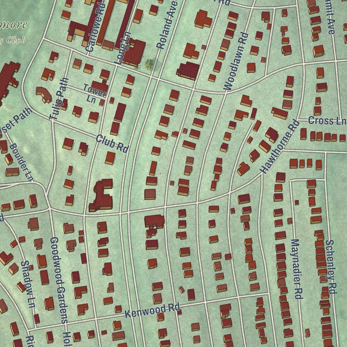 Close-up of the map of Roland Park, Maryland print showing street and building detail