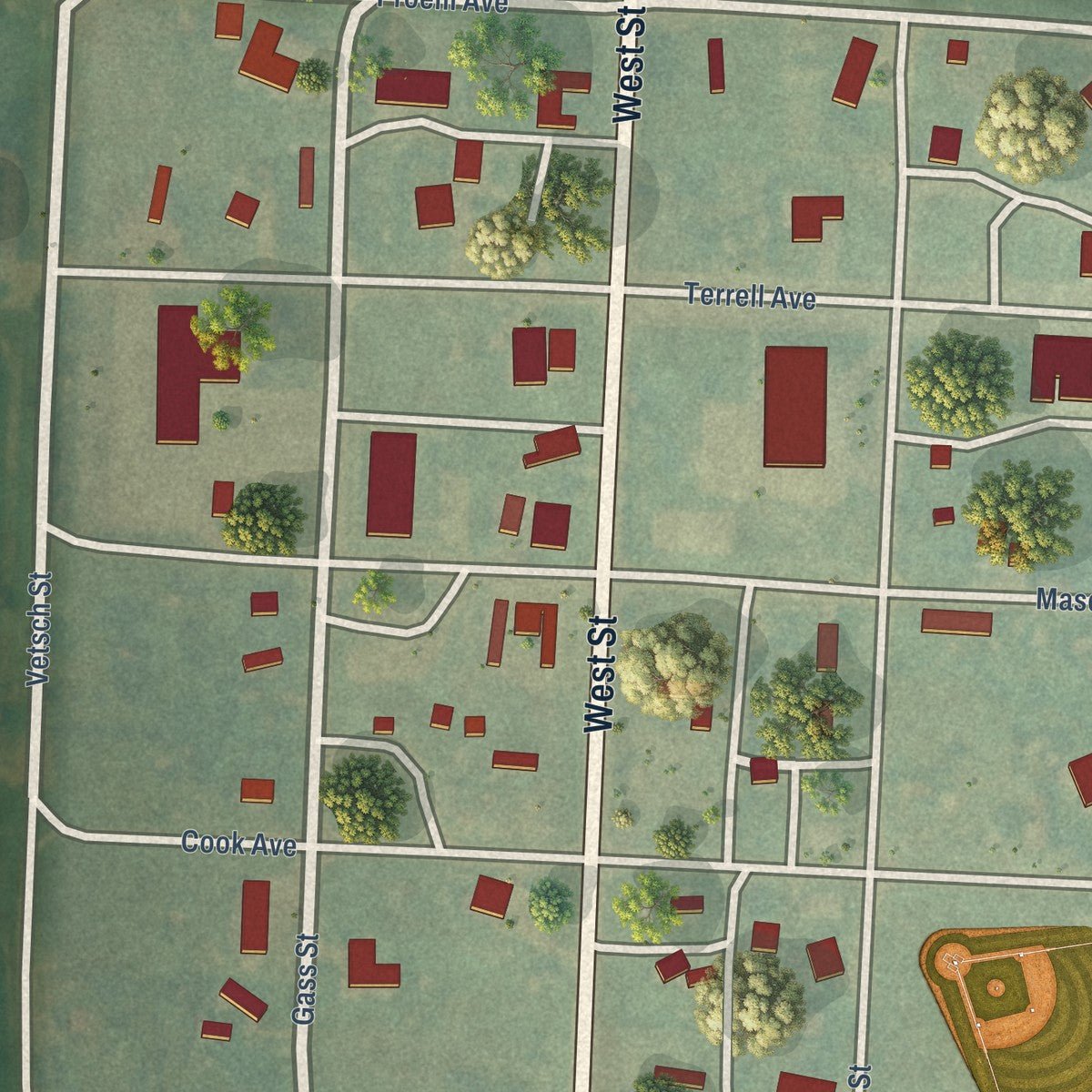 Close-up of the map of Golva, North Dakota print showing street and building detail