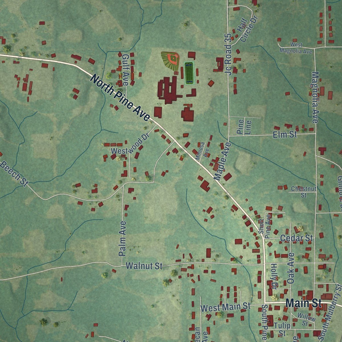 Close-up of the map of Heidelberg, Mississippi print showing street and building detail