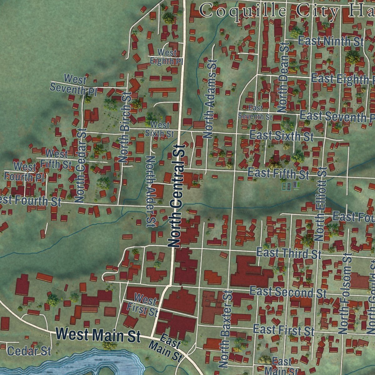 Close-up of the map of Coquille, Oregon print showing street and building detail
