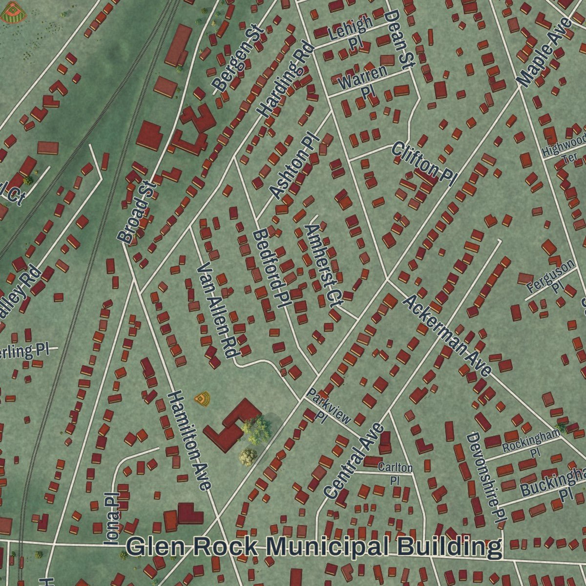 Close-up of the map of Glen Rock, New Jersey print showing street and building detail