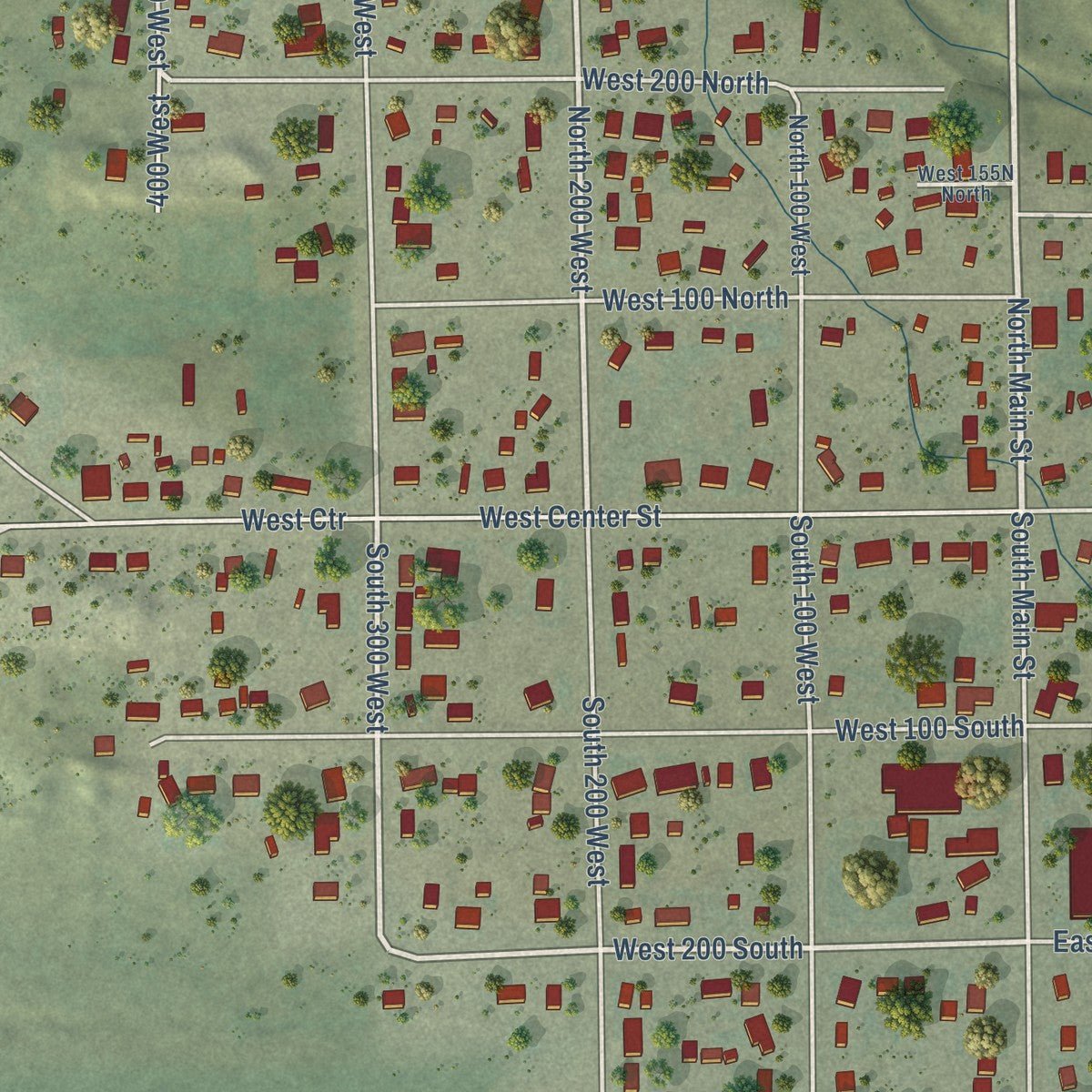 Close-up of the map of Orangeville, Utah print showing street and building detail