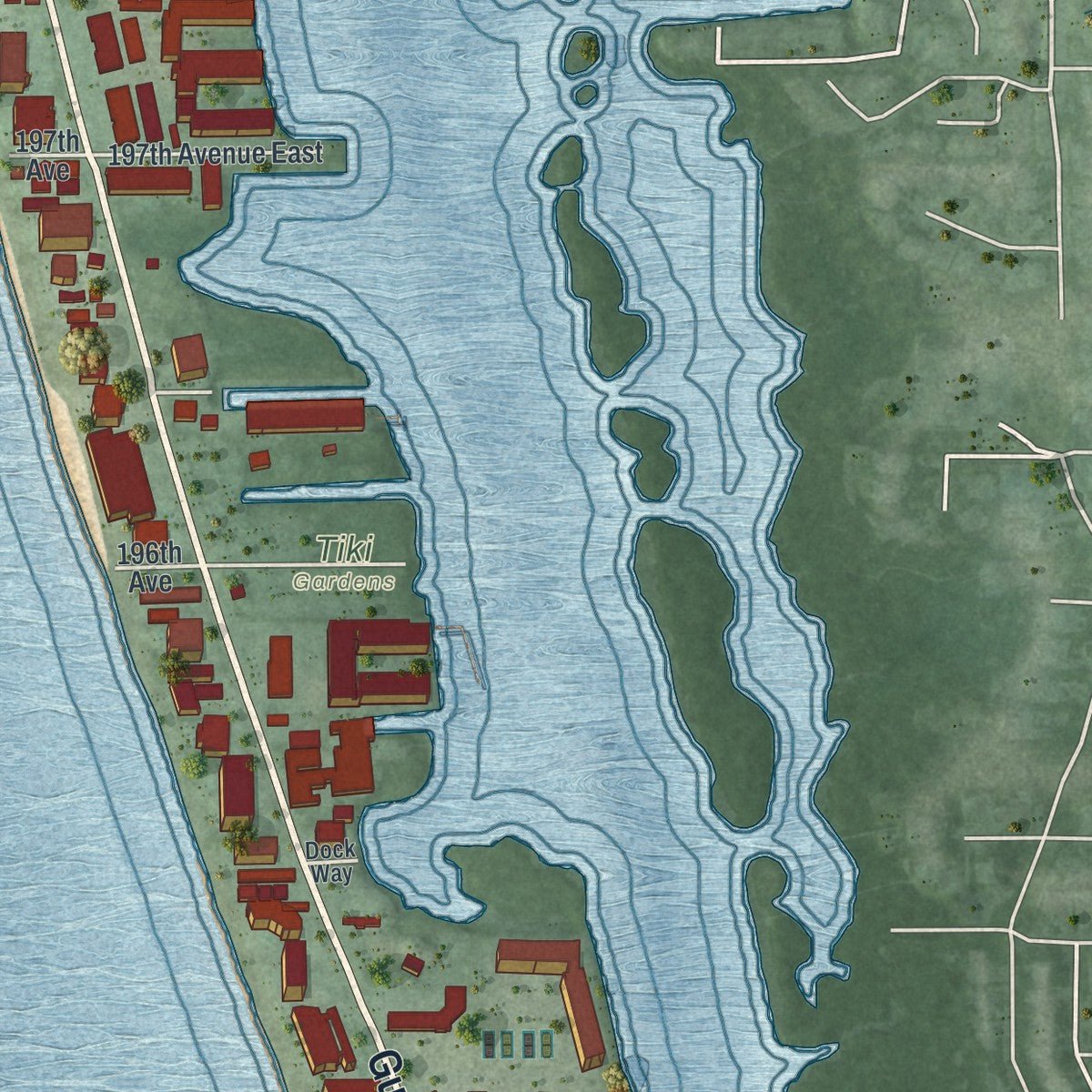 Close-up of the map of Indian Shores, Florida print showing street and building detail