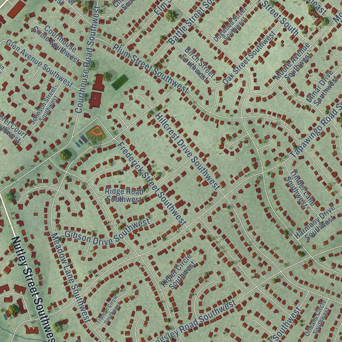 Close-up of the map of Vienna, Virginia print showing street and building detail
