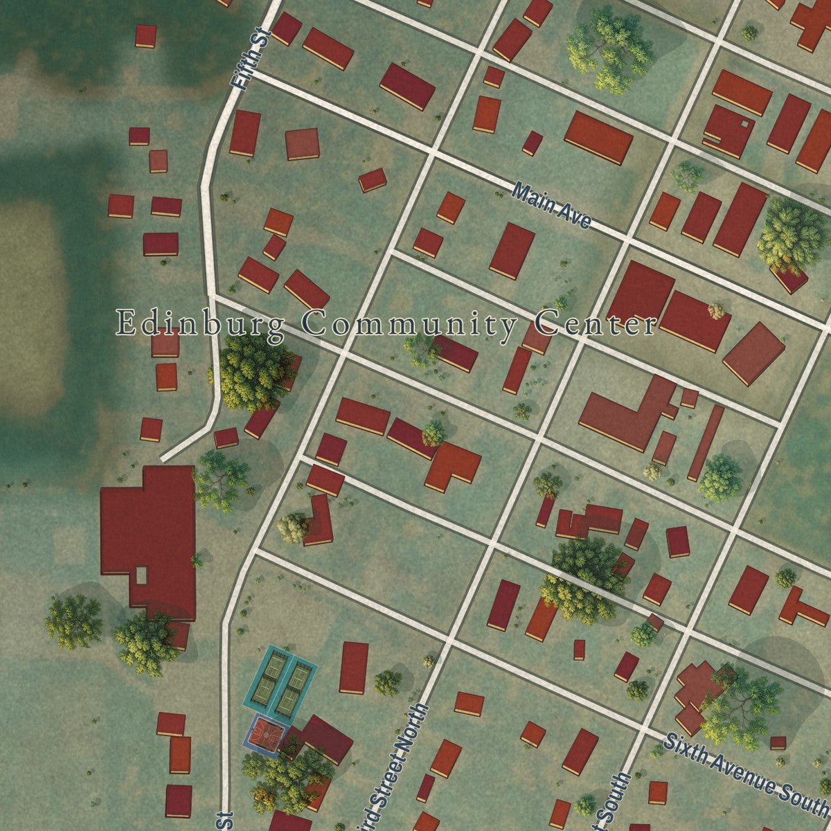 Close-up of the map of Edinburg, North Dakota print showing street and building detail