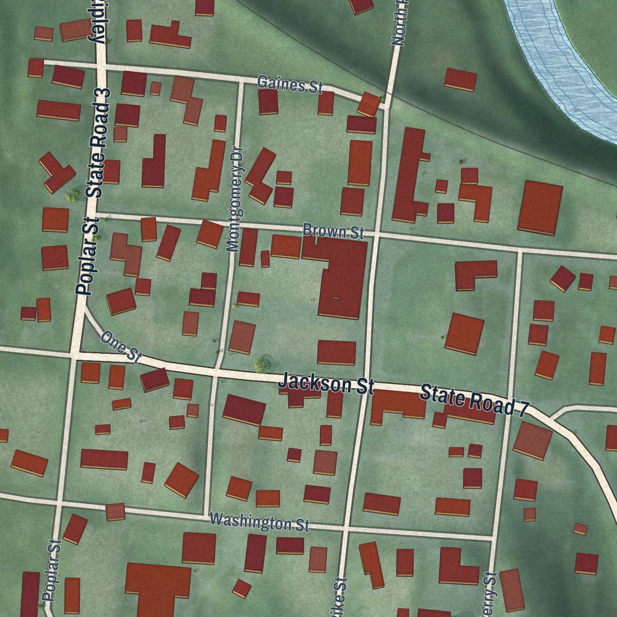 Close-up of the map of Vernon, Indiana print showing street and building detail