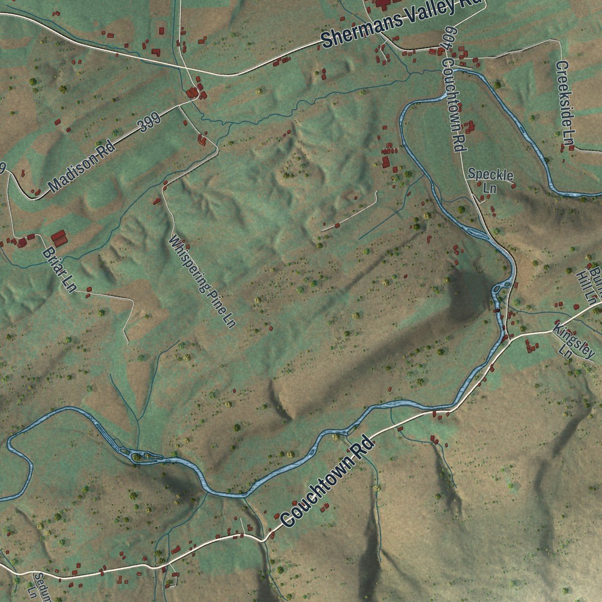 Close-up of the map of Southwest Madison, Pennsylvania print showing street and building detail