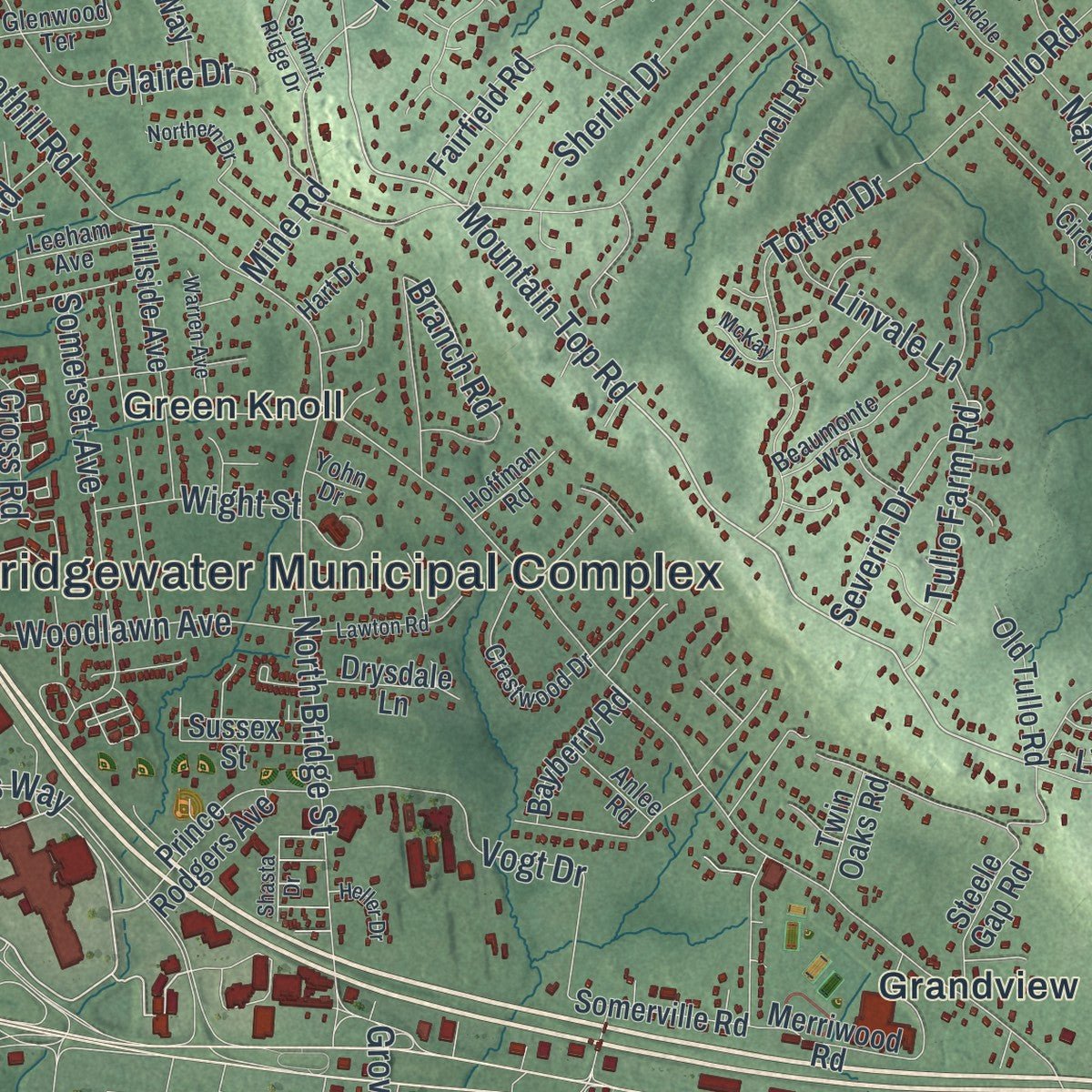 Close-up of the map of Bridgewater, New Jersey print showing street and building detail