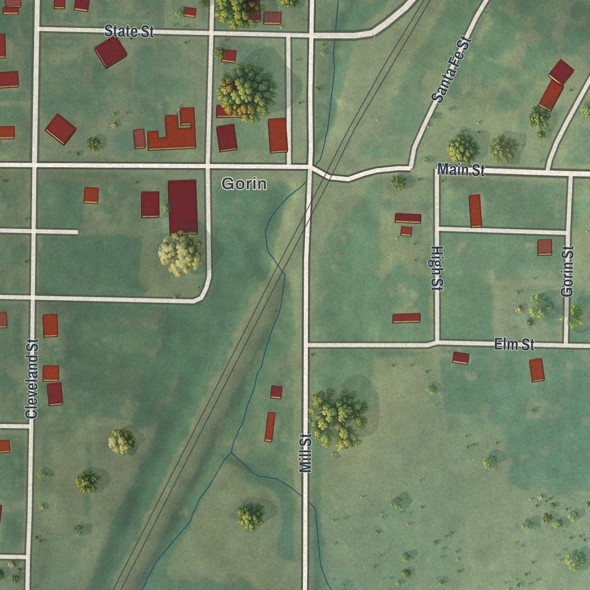 Close-up of the map of South Gorin, Missouri print showing street and building detail