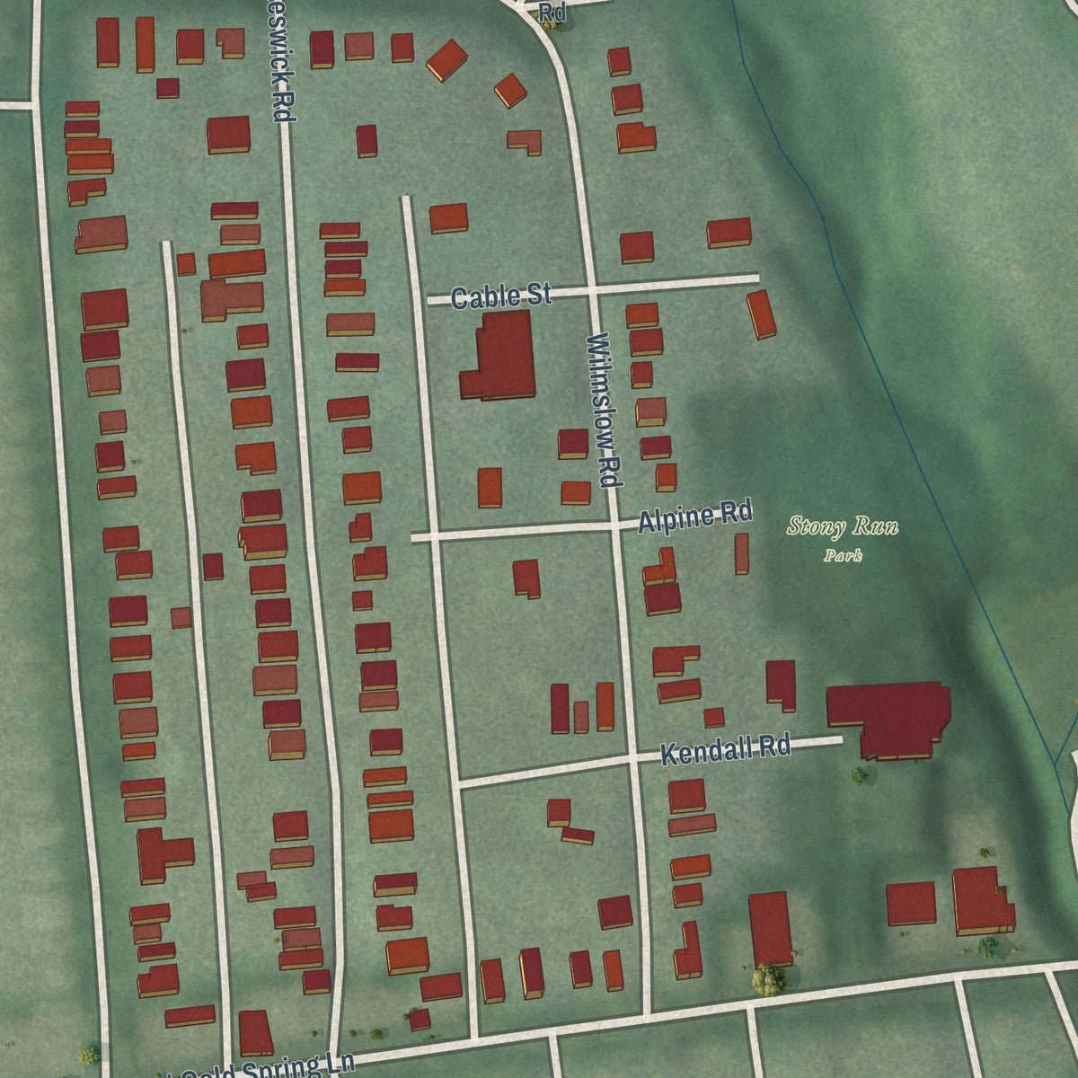 Close-up of the map of Evergreen, Maryland print showing street and building detail