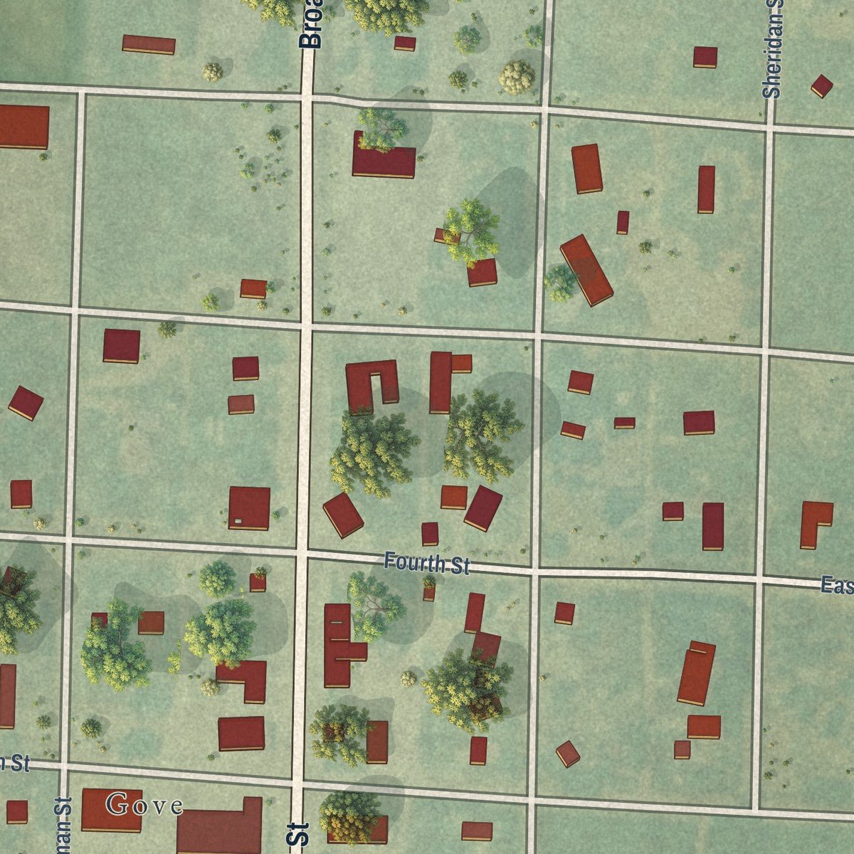 Close-up of the map of Gove City, Kansas print showing street and building detail