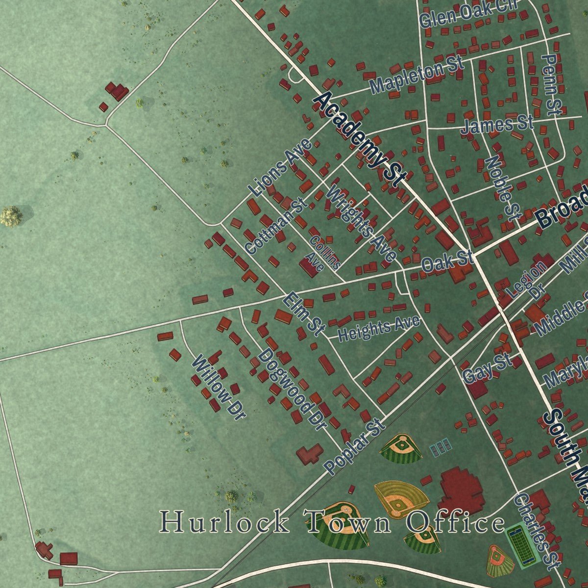Close-up of the map of Hurlock, Maryland print showing street and building detail