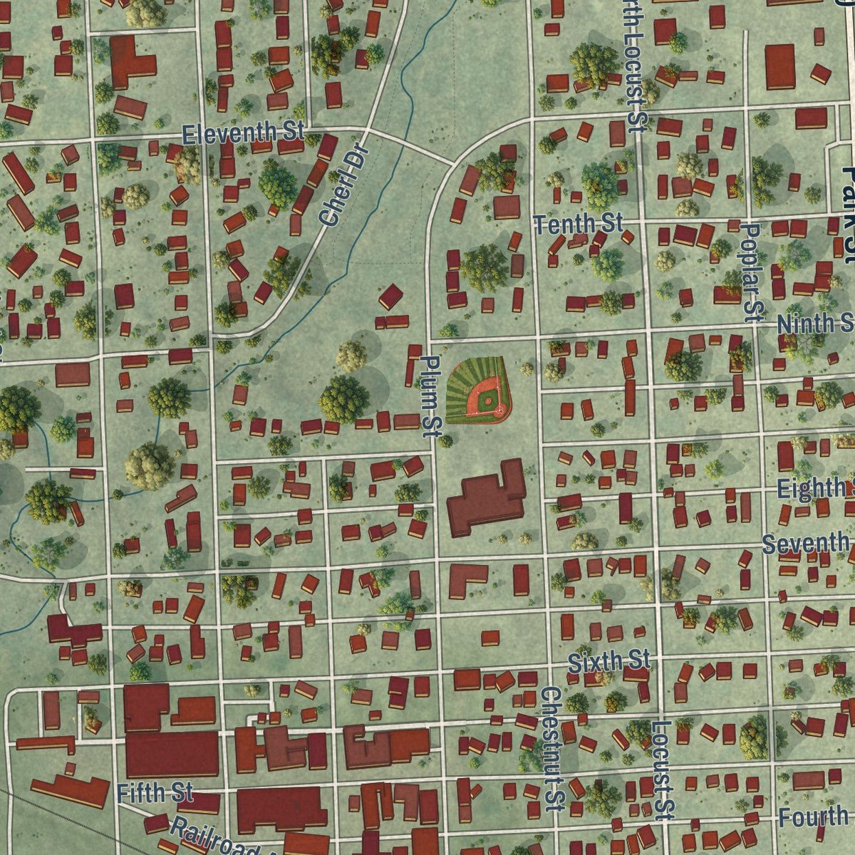 Close-up of the map of Syracuse, Nebraska print showing street and building detail