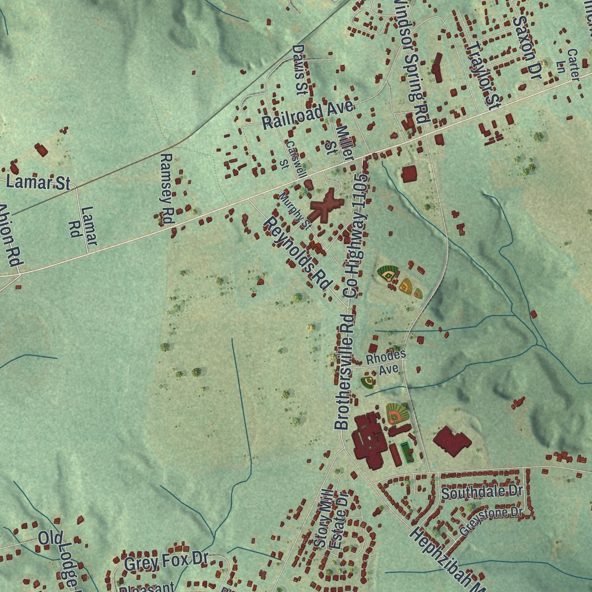Close-up of the map of Hephzibah, Georgia print showing street and building detail