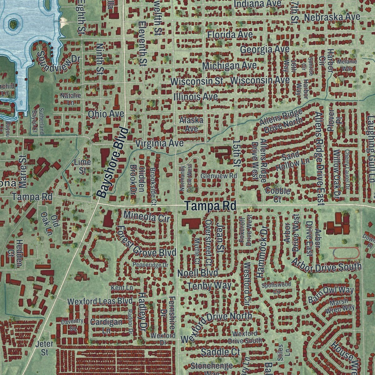 Close-up of the map of Palm Harbor, Florida print showing street and building detail