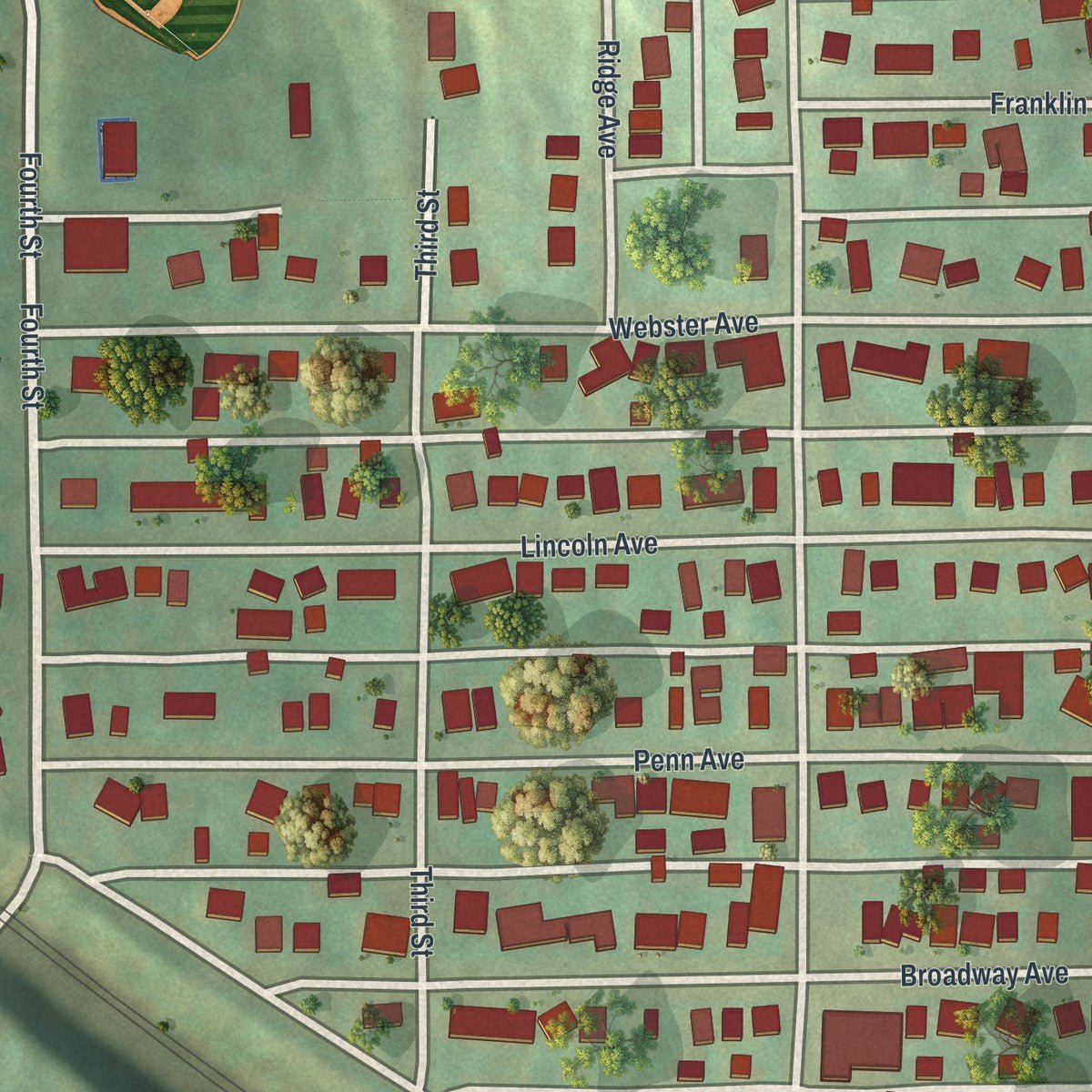 Close-up of the map of North Irwin, Pennsylvania print showing street and building detail