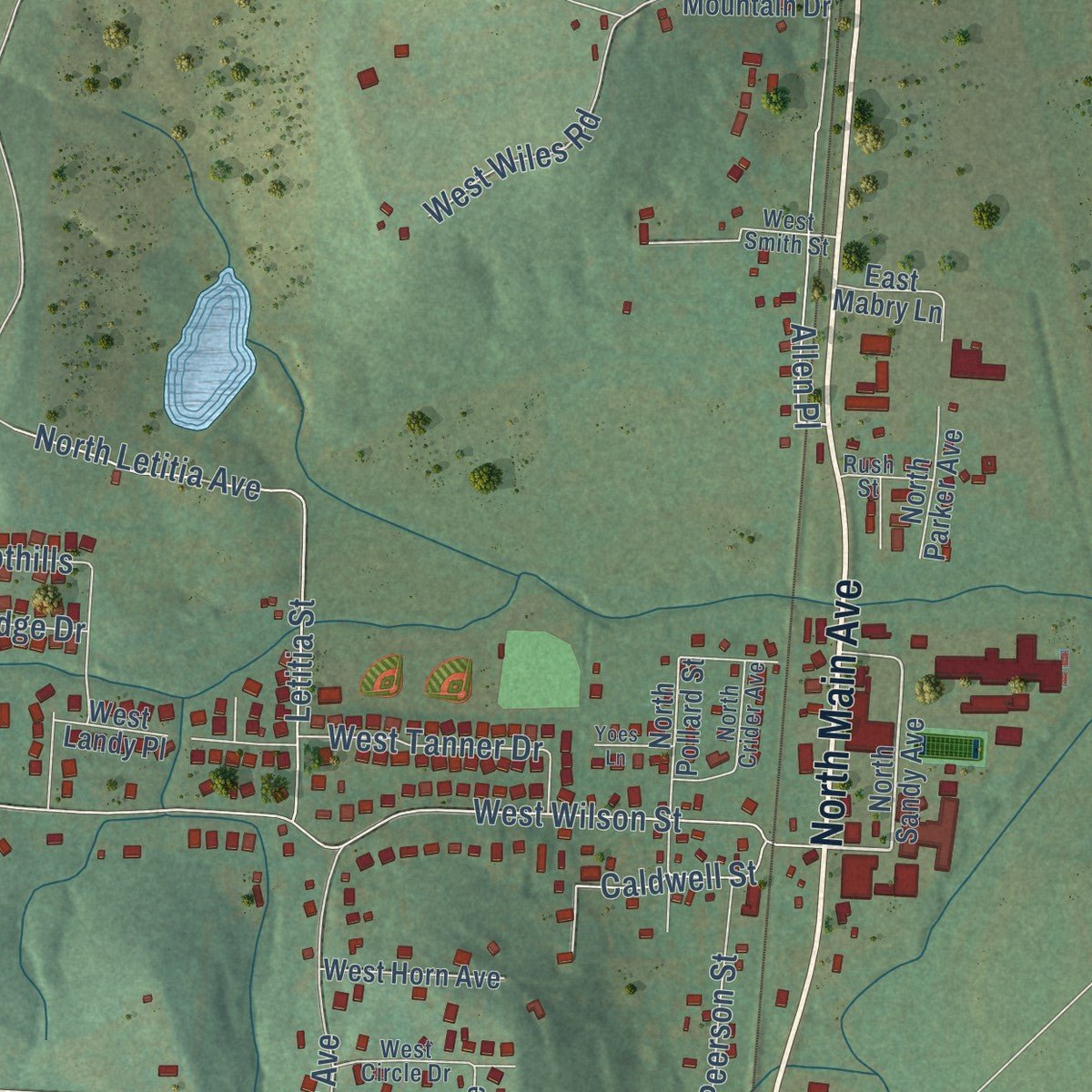 Close-up of the map of Greenland, Arkansas print showing street and building detail