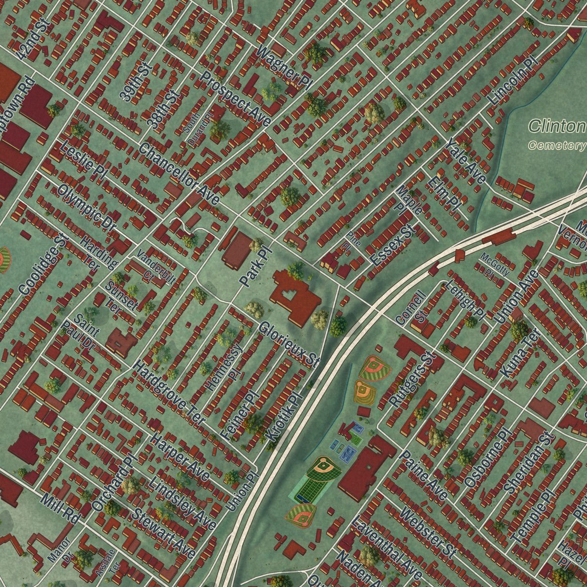 Close-up of the map of Irvington, New Jersey print showing street and building detail