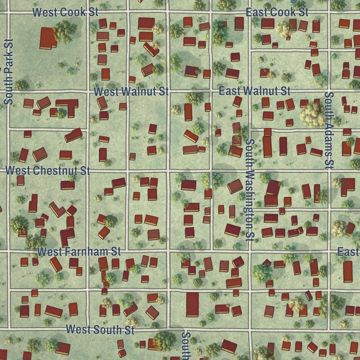 Close-up of the map of Sheffield, Illinois print showing street and building detail