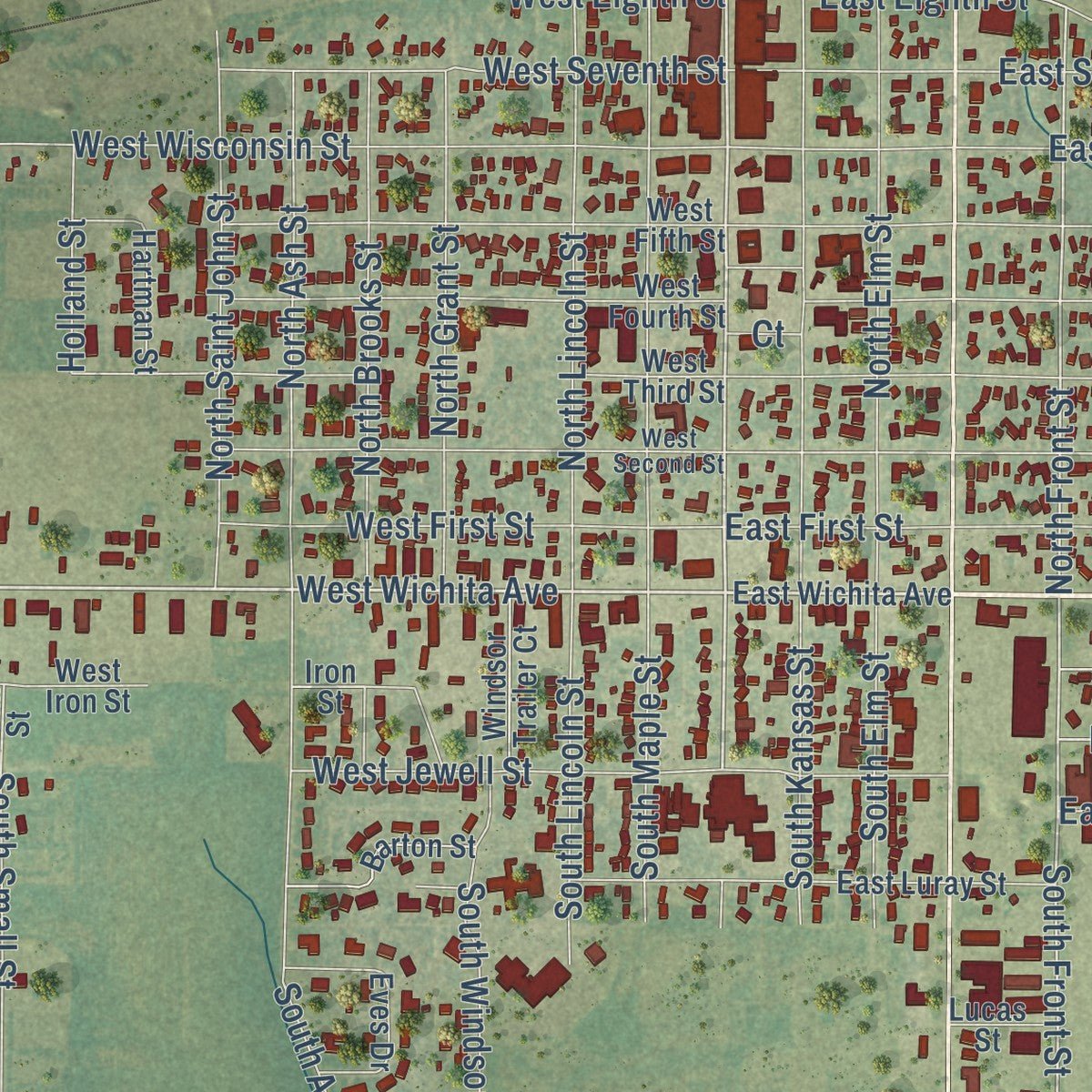 Close-up of the map of Russell, Kansas print showing street and building detail