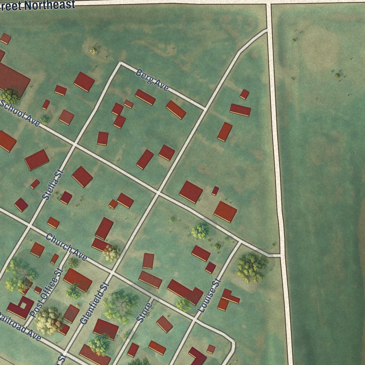 Close-up of the map of Glenfield, North Dakota print showing street and building detail