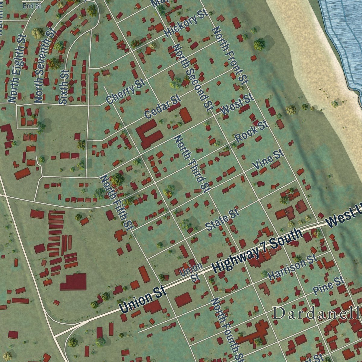 Close-up of the map of Dardanelle, Arkansas print showing street and building detail