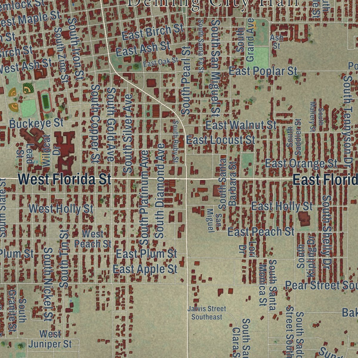 Close-up of the map of Deming, New Mexico print showing street and building detail