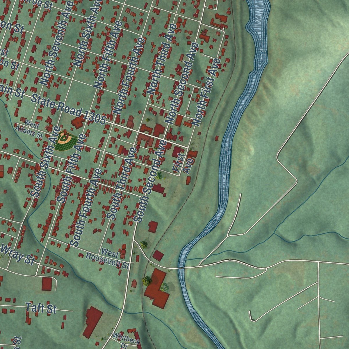 Close-up of the map of Mayodan, North Carolina print showing street and building detail